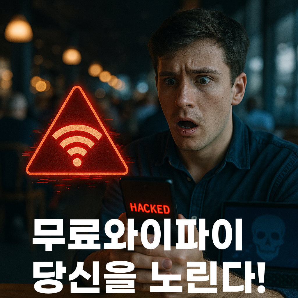 한남자가 핸드폰을 보며 놀라는 모습. 아래엔 '무료와이파이 당신을 노린다'문구
